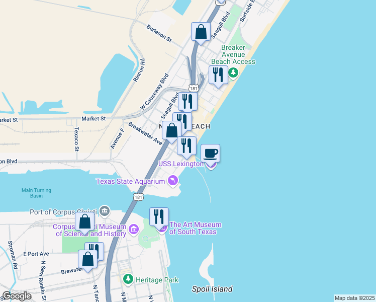 map of restaurants, bars, coffee shops, grocery stores, and more near 2914 North Shoreline Boulevard in Corpus Christi