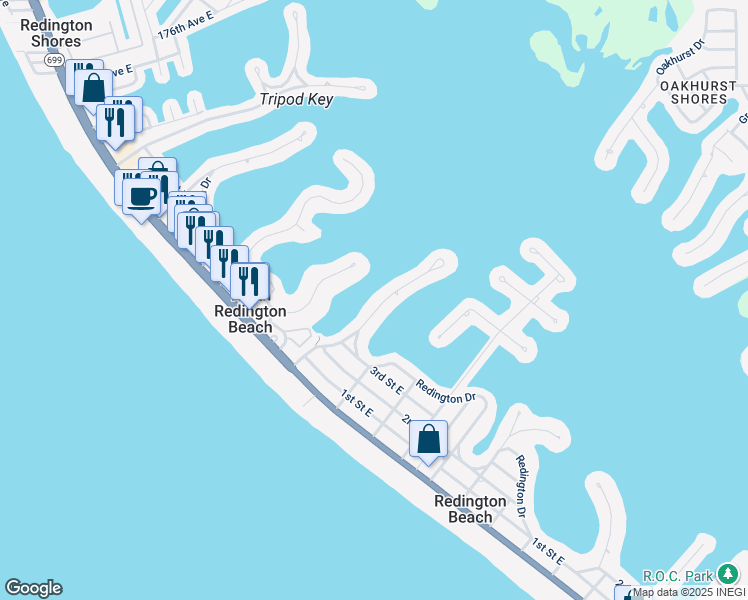 map of restaurants, bars, coffee shops, grocery stores, and more near 16462 Redington Drive in Redington Beach
