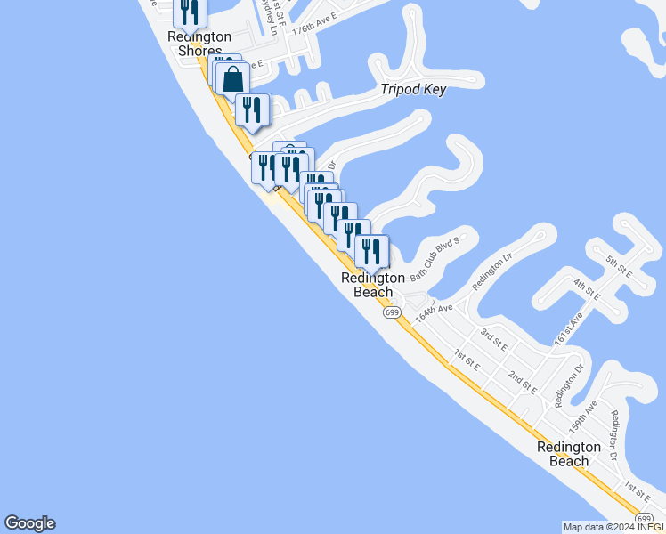 map of restaurants, bars, coffee shops, grocery stores, and more near 16700 Gulf Boulevard in North Redington Beach