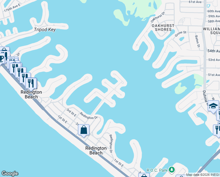 map of restaurants, bars, coffee shops, grocery stores, and more near 16100 5th Street East in Redington Beach