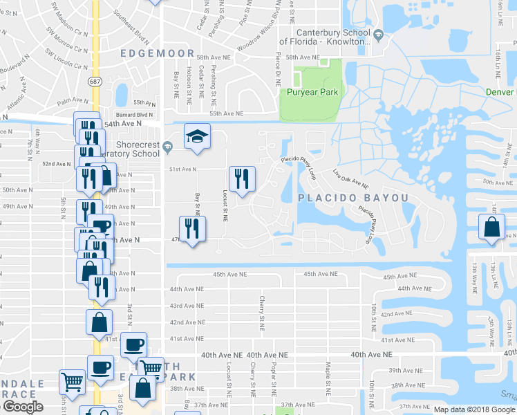 map of restaurants, bars, coffee shops, grocery stores, and more near 491 Saint Tropez Circle Northeast in Saint Petersburg