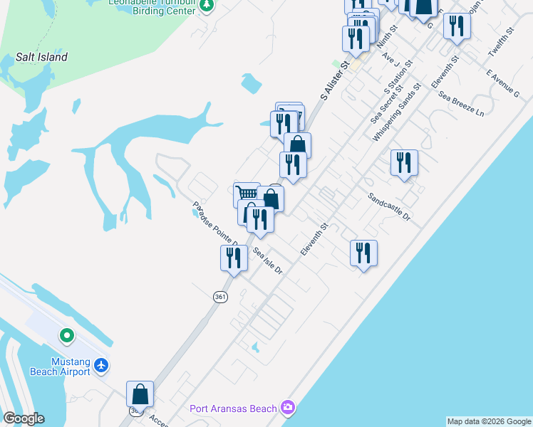 map of restaurants, bars, coffee shops, grocery stores, and more near 2200 Texas 361 in Port Aransas