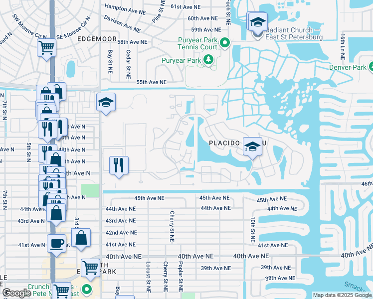 map of restaurants, bars, coffee shops, grocery stores, and more near 677 Segovia Court Northeast in St. Petersburg