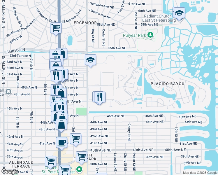 map of restaurants, bars, coffee shops, grocery stores, and more near 4715 Bay Street Northeast in St. Petersburg