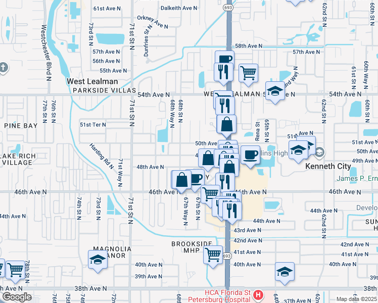 map of restaurants, bars, coffee shops, grocery stores, and more near 4875 68th Street North in St. Petersburg