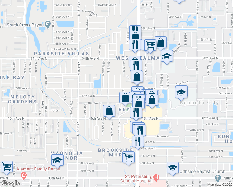 map of restaurants, bars, coffee shops, grocery stores, and more near 6709 49th Avenue North in Saint Petersburg