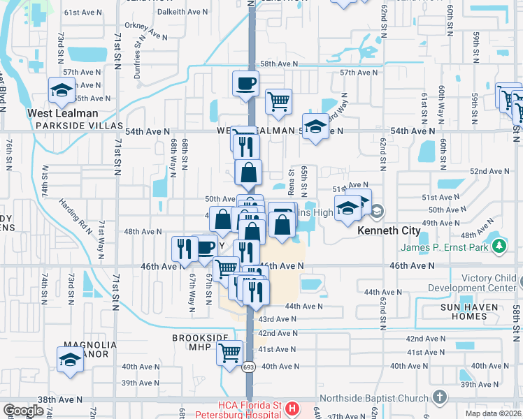 map of restaurants, bars, coffee shops, grocery stores, and more near 6577 49th Avenue North in Kenneth City