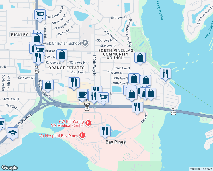 map of restaurants, bars, coffee shops, grocery stores, and more near 9886 48th Place North in St. Petersburg