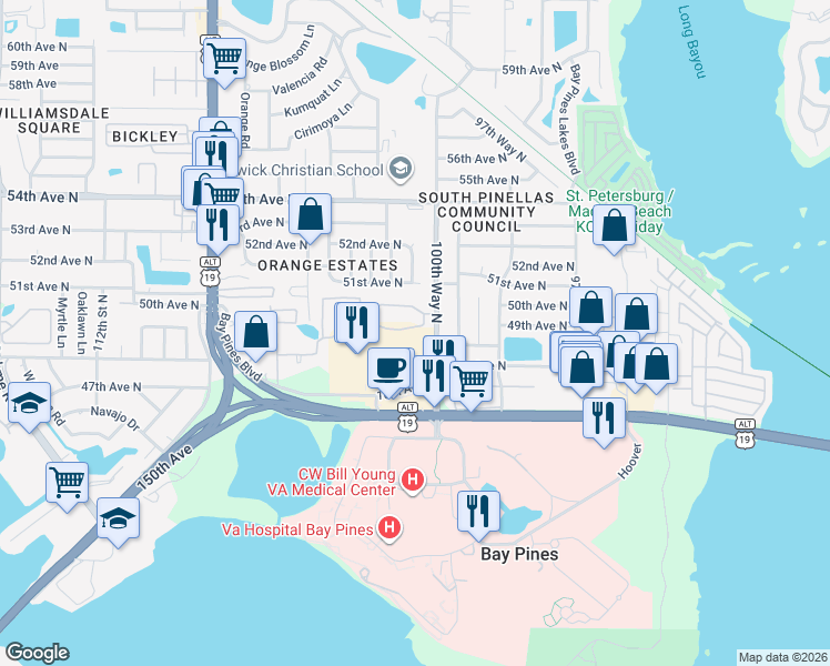 map of restaurants, bars, coffee shops, grocery stores, and more near 10134 Grand Oak Circle in Madeira Beach