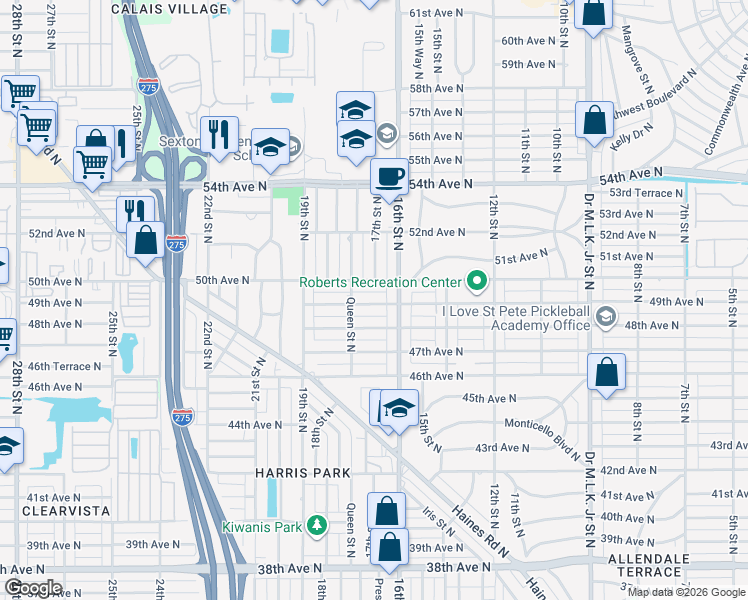 map of restaurants, bars, coffee shops, grocery stores, and more near 1643 49th Avenue North in Saint Petersburg