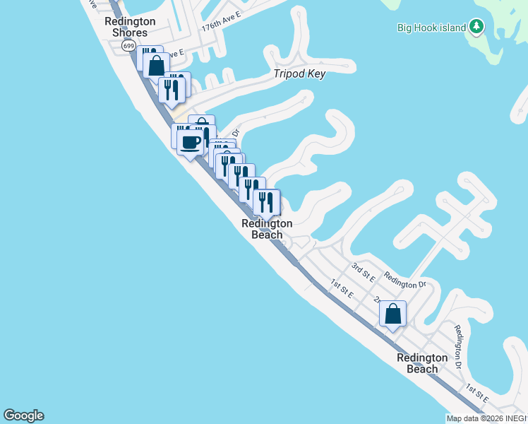 map of restaurants, bars, coffee shops, grocery stores, and more near 104 Bath Club Circle in North Redington Beach