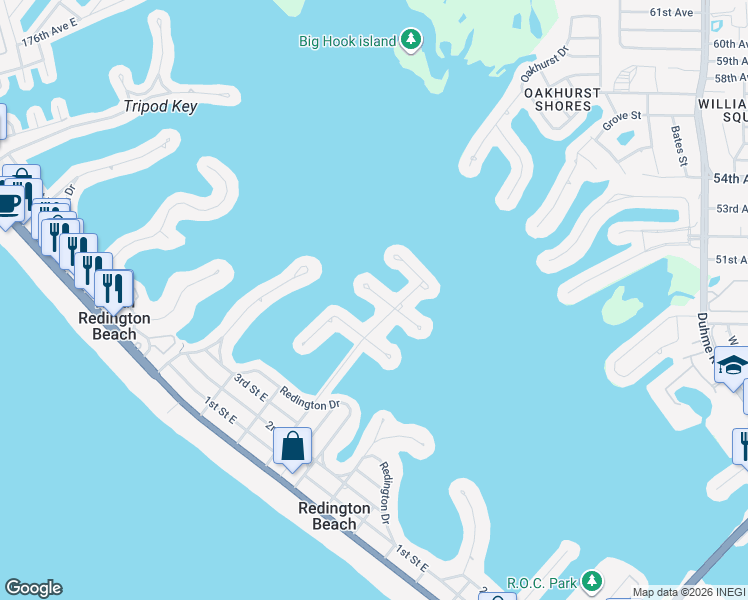 map of restaurants, bars, coffee shops, grocery stores, and more near 16107 5th Street East in Redington Beach
