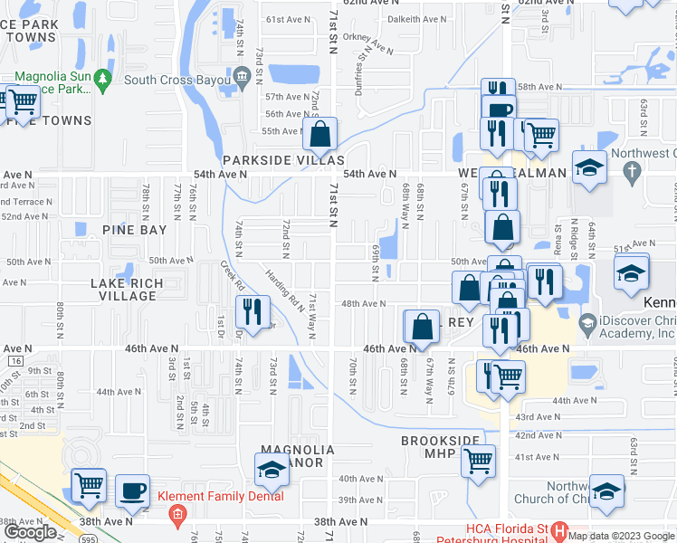 map of restaurants, bars, coffee shops, grocery stores, and more near 4951 71st Street North in Saint Petersburg