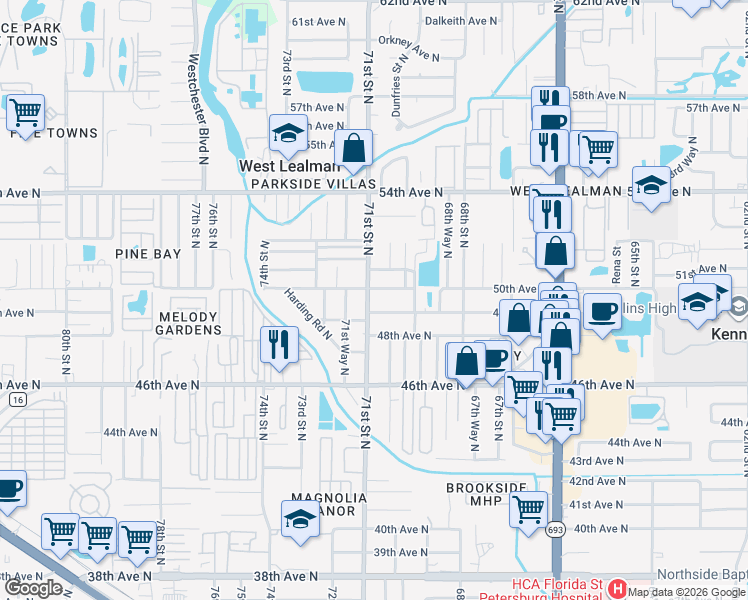 map of restaurants, bars, coffee shops, grocery stores, and more near 4951 71st Street North in St. Petersburg