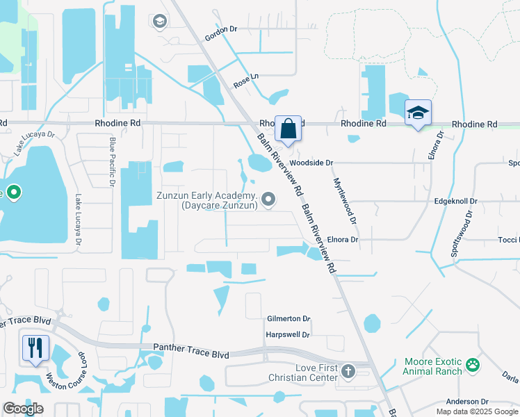 map of restaurants, bars, coffee shops, grocery stores, and more near 12426 Ballentrae Forest Drive in Riverview
