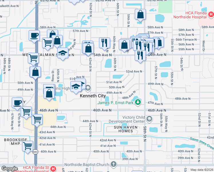 map of restaurants, bars, coffee shops, grocery stores, and more near 6083 50th Avenue North in Kenneth City