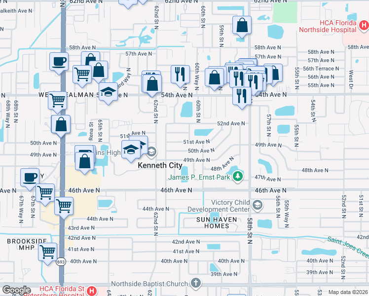 map of restaurants, bars, coffee shops, grocery stores, and more near 6083 50th Avenue North in Kenneth City