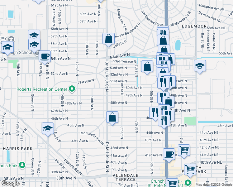 map of restaurants, bars, coffee shops, grocery stores, and more near 834 50th Avenue North in St. Petersburg