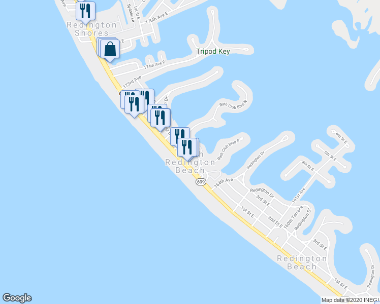 map of restaurants, bars, coffee shops, grocery stores, and more near 141 Bath Club Circle in North Redington Beach