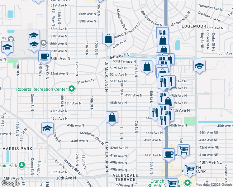 map of restaurants, bars, coffee shops, grocery stores, and more near 834 50th Avenue North in St. Petersburg