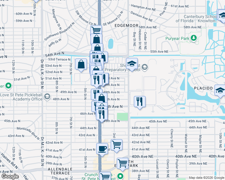 map of restaurants, bars, coffee shops, grocery stores, and more near 4916 3rd Street North in St. Petersburg