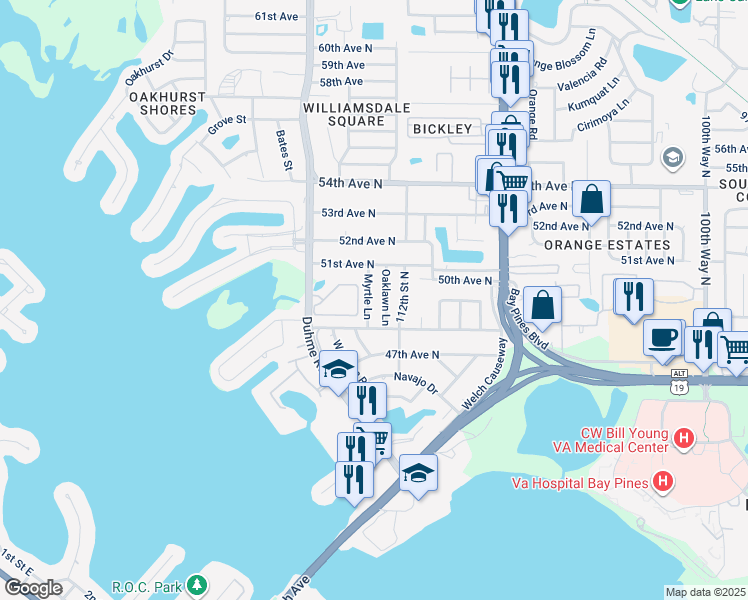 map of restaurants, bars, coffee shops, grocery stores, and more near 5021 Myrtle Lane in Saint Petersburg