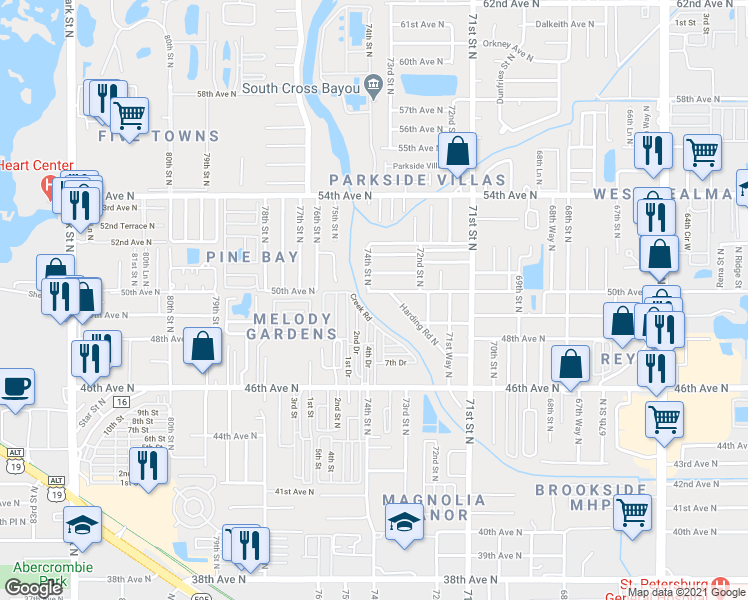 map of restaurants, bars, coffee shops, grocery stores, and more near 7312 50th Avenue North in Saint Petersburg