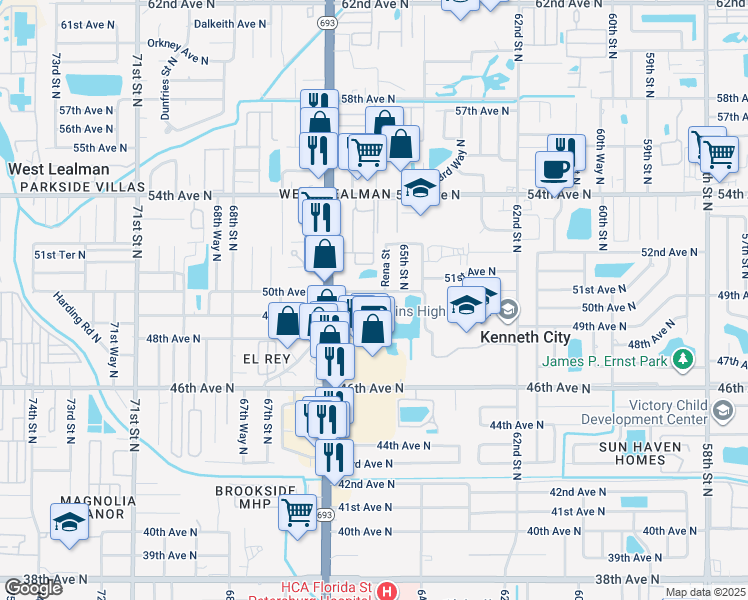 map of restaurants, bars, coffee shops, grocery stores, and more near 5000 Rena Street North in St. Petersburg