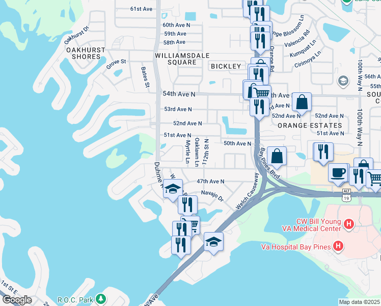 map of restaurants, bars, coffee shops, grocery stores, and more near 5021 Myrtle Lane in Saint Petersburg