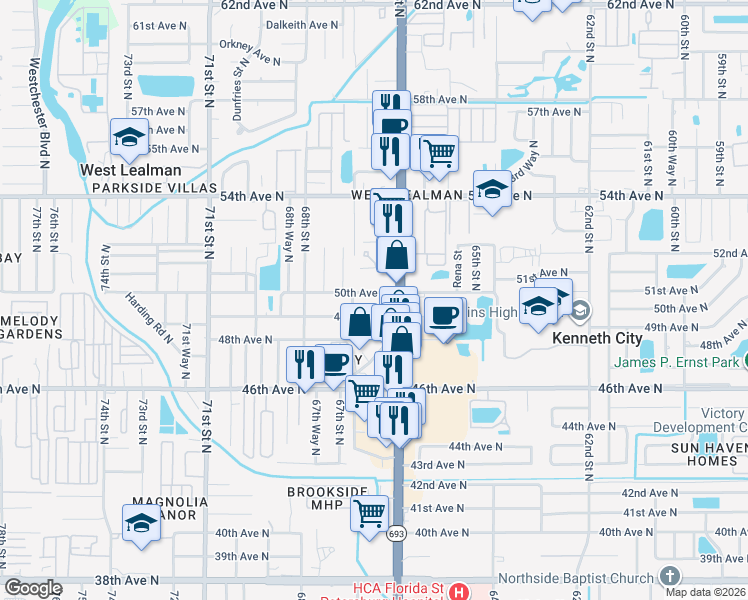 map of restaurants, bars, coffee shops, grocery stores, and more near 6610 50th Avenue North in St. Petersburg