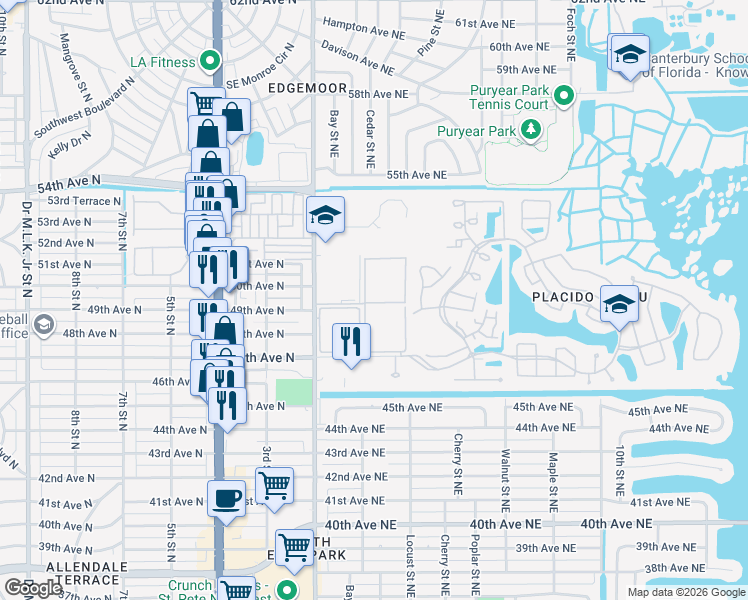 map of restaurants, bars, coffee shops, grocery stores, and more near 4915 Bay Street Northeast in Saint Petersburg