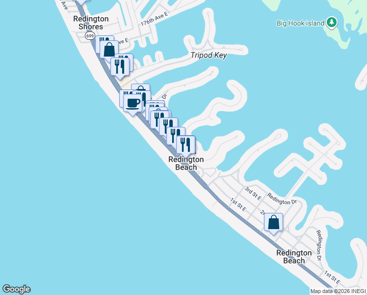 map of restaurants, bars, coffee shops, grocery stores, and more near 135 Bath Club Circle in North Redington Beach