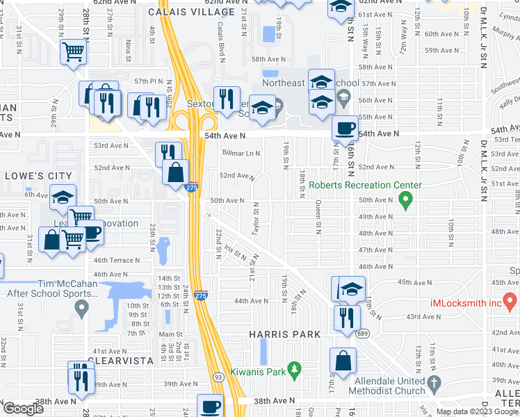 map of restaurants, bars, coffee shops, grocery stores, and more near 4927 Taylor Street North in Saint Petersburg