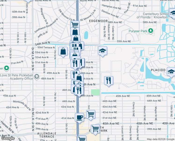 map of restaurants, bars, coffee shops, grocery stores, and more near 4920 3rd Street North in St. Petersburg