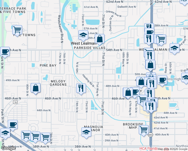 map of restaurants, bars, coffee shops, grocery stores, and more near 7185 50th Avenue North in St. Petersburg