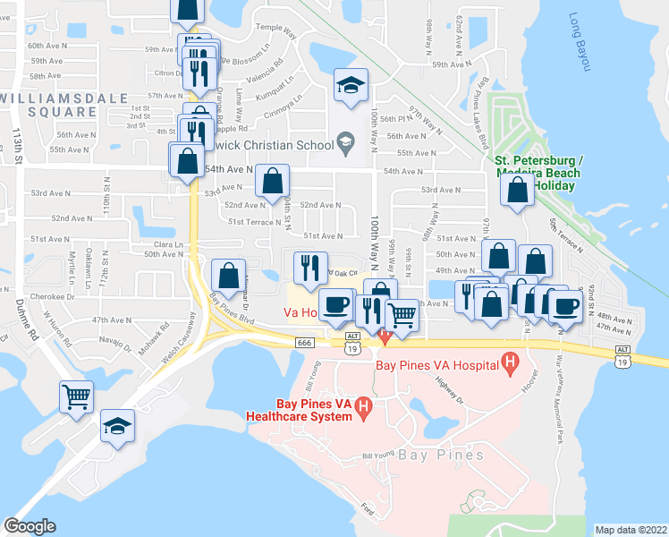 map of restaurants, bars, coffee shops, grocery stores, and more near 10222 Grand Oak Circle in Madeira Beach