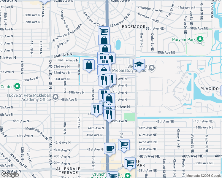 map of restaurants, bars, coffee shops, grocery stores, and more near 4949 4th Street North in St. Petersburg