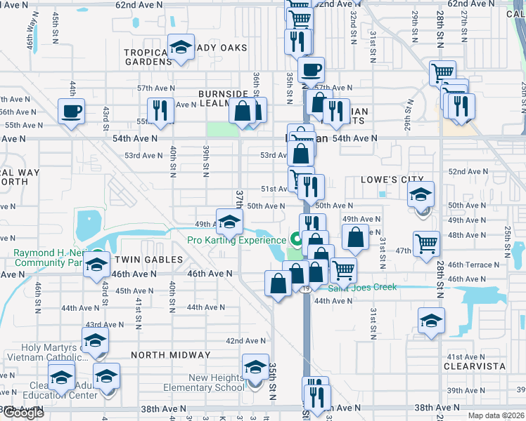 map of restaurants, bars, coffee shops, grocery stores, and more near 3537 50th Avenue North in St. Petersburg