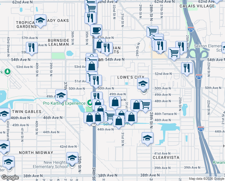 map of restaurants, bars, coffee shops, grocery stores, and more near 3262 50th Avenue North in St. Petersburg