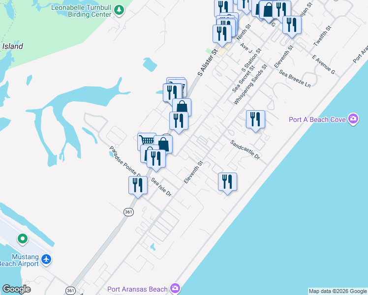 map of restaurants, bars, coffee shops, grocery stores, and more near 1915 South Station Street in Port Aransas