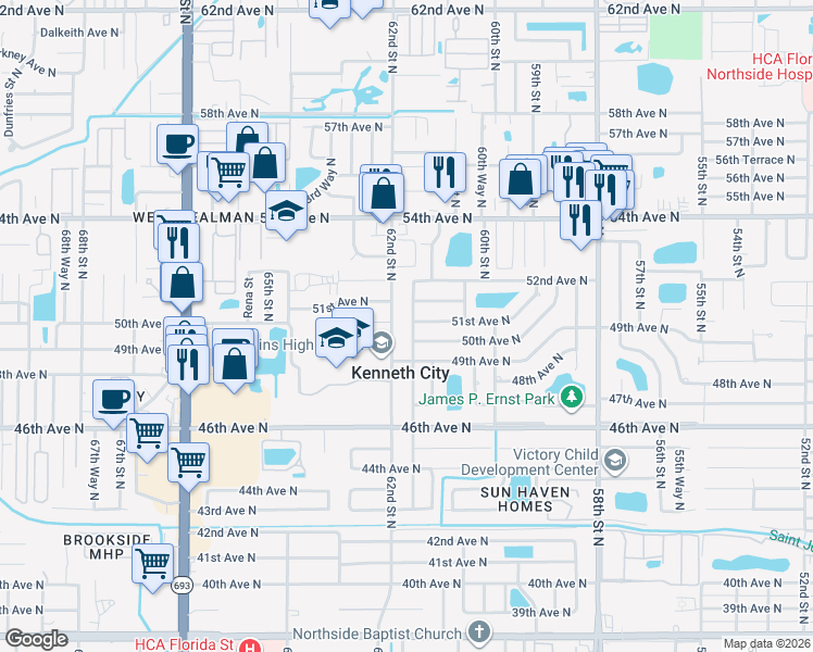 map of restaurants, bars, coffee shops, grocery stores, and more near 5016 62nd Street North in Kenneth City