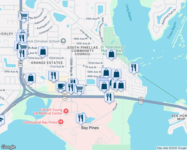 map of restaurants, bars, coffee shops, grocery stores, and more near 9798 50th Avenue North in St. Petersburg