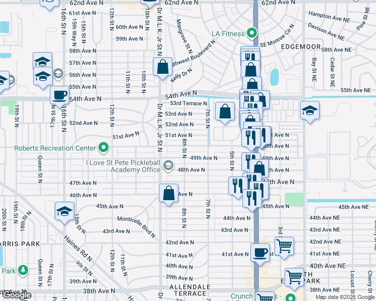 map of restaurants, bars, coffee shops, grocery stores, and more near 790 50th Avenue North in Saint Petersburg