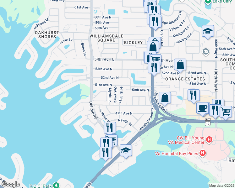 map of restaurants, bars, coffee shops, grocery stores, and more near 5033 Oaklawn Lane in Saint Petersburg