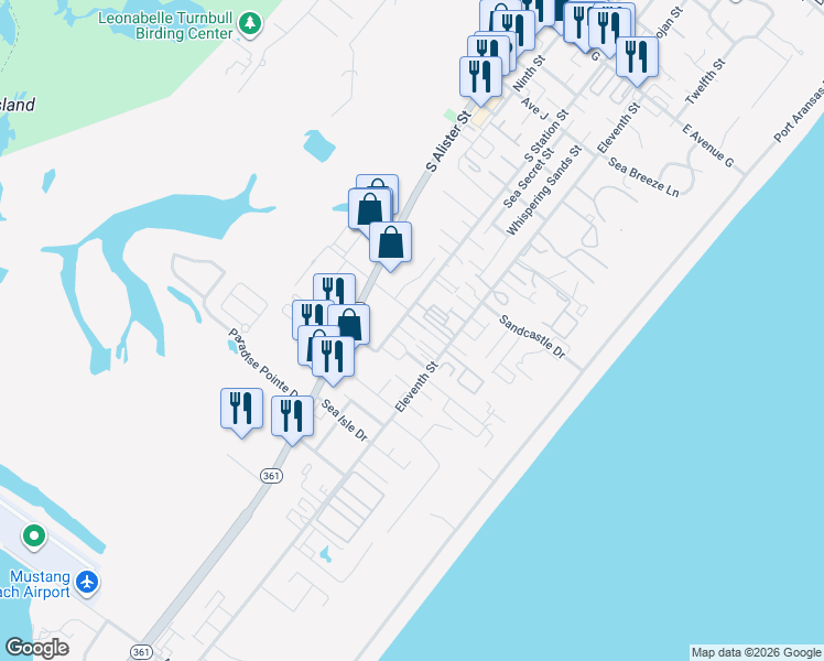 map of restaurants, bars, coffee shops, grocery stores, and more near 1915 South Station Street in Port Aransas