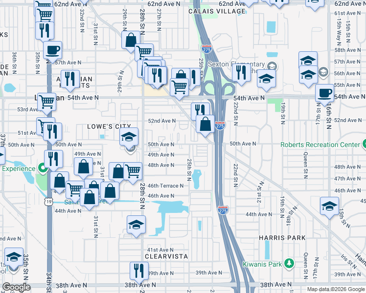 map of restaurants, bars, coffee shops, grocery stores, and more near 2508 50th Avenue North in St. Petersburg