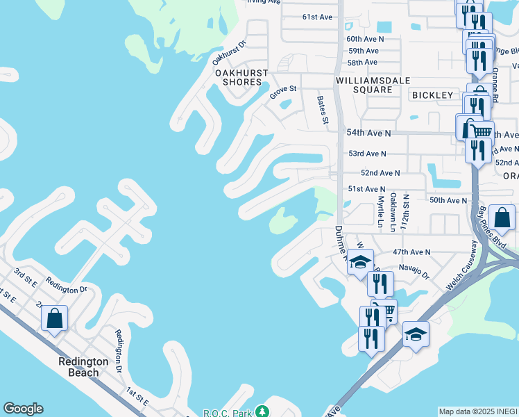 map of restaurants, bars, coffee shops, grocery stores, and more near 636 Boca Ciega Point Boulevard South in Saint Petersburg