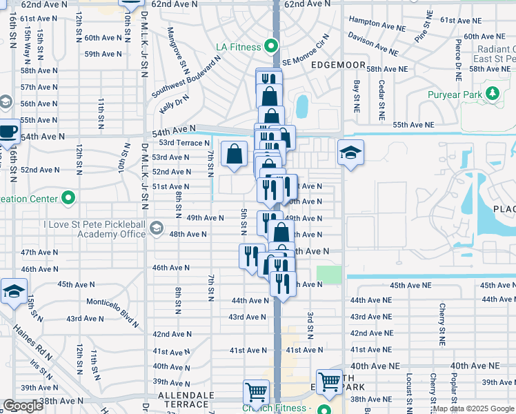 map of restaurants, bars, coffee shops, grocery stores, and more near 434 50th Avenue North in St. Petersburg