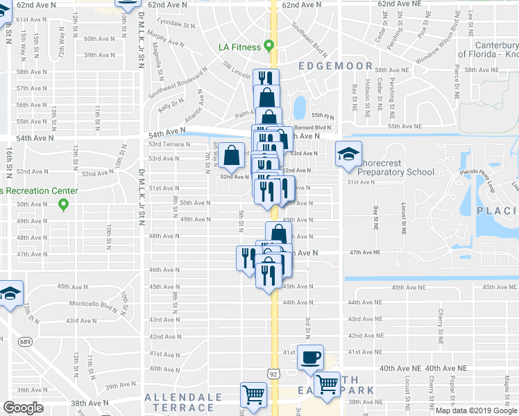 map of restaurants, bars, coffee shops, grocery stores, and more near 434 50th Avenue North in St. Petersburg