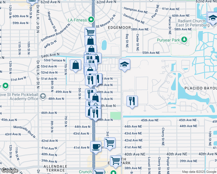 map of restaurants, bars, coffee shops, grocery stores, and more near 241 50th Avenue North in Saint Petersburg